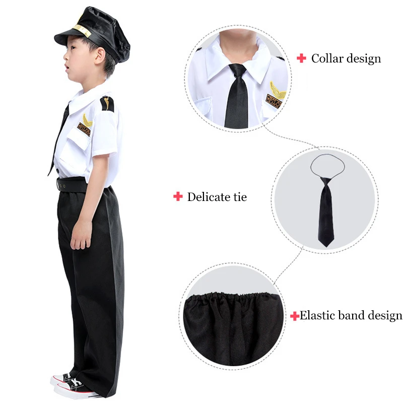 Halloween Cosplay Boys Kid Clothes Pilot Captain Uniform Matching Hat Belt Toys 4T-9T Carnival Role Play Prom Gown Costume |