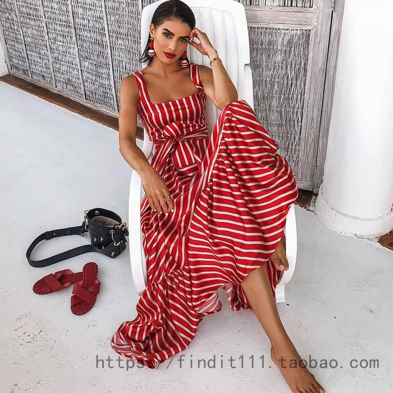 

2021ins Hot American Atmosphere Stripe Print Stitching Bohemian Dress Holiday Skirt