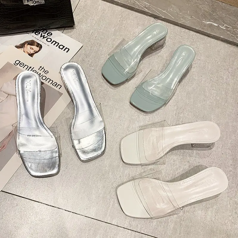 

Shoes Square heel Slippers Casual Transparent Heel Slides Med Summer Clogs Woman Jelly Flip Flops Pantofle Block Luxury Beach Gl