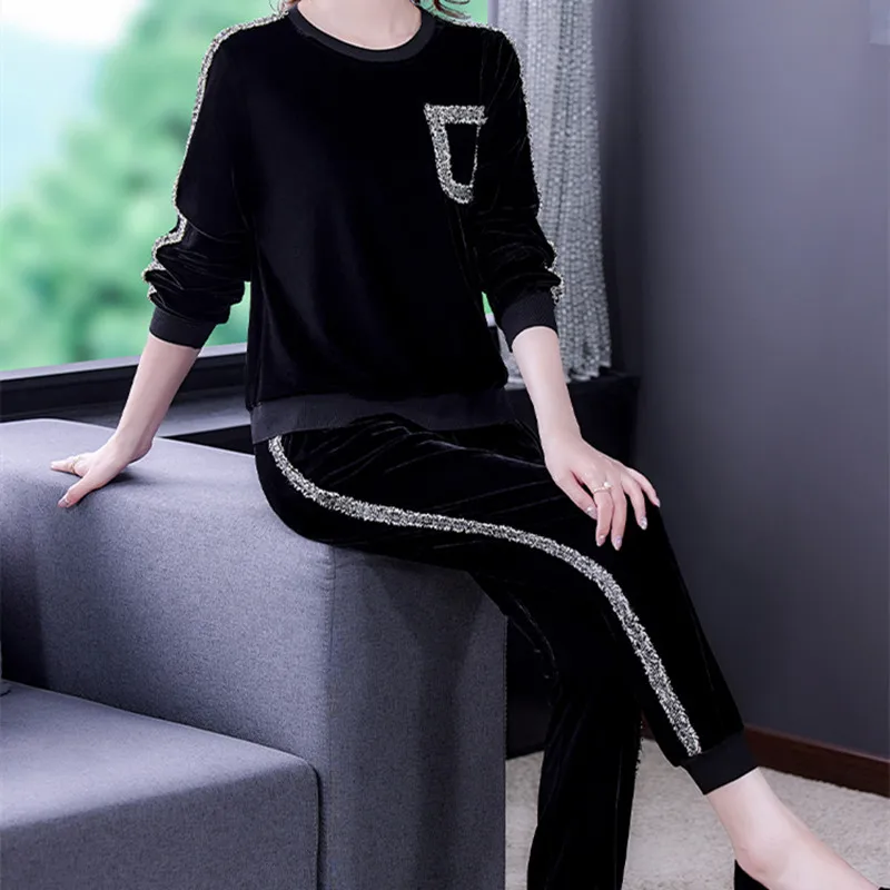 

Vintage Autumn And Winter Casual Round Neck Long Sleeve Plus Size Solid Color Tops + Elastic High Waist Pants Two-Piece Suit