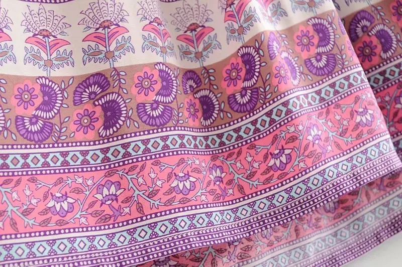 Boho chic happie женское розовое Цветочное платье с длинным рукавом, кисточками и оборками, Пляжное богемное мини-платье, женское Свободное платье с v-образным вырезом, вискозное платье