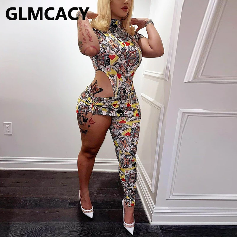 

Women Short Sleeve Poker Printed Jumpsuit Cut Out Asymmetrical Skinny Overalls Sexy Party Clubwear