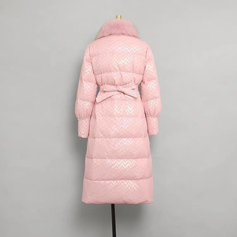 Women Winter Cotton Coat With Scarf  Vintage Sweet Lantern Sleeve Imitation White Duck Down Pink Mid-Length Jacket