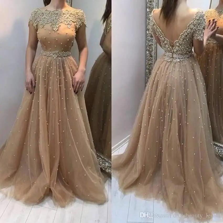 

New Design Champagne Evening Dresses With Short Sleeves Deep V Back Formal Gowns For Party Pearls Custom Made Floor Length 2020