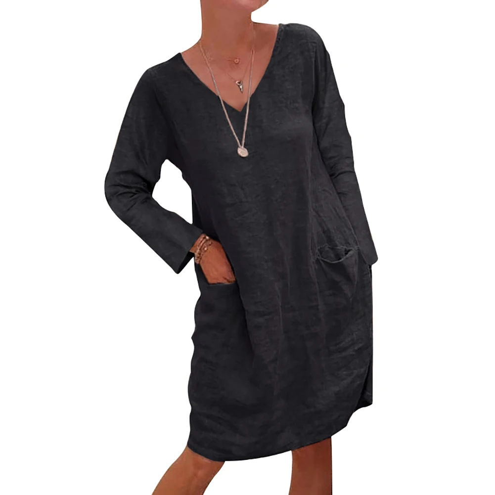 

Women Dress Casual Cotton Linen Long Sleeve Pockets Loose Cotton Linen Knee-length Dress Women's Clothing женское платье