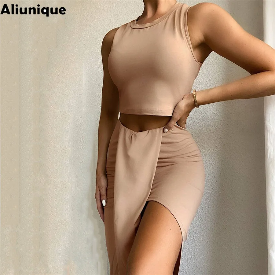 

Aliunique новый сексуальный костюм с круглым вырезом для женщин 2021 Летняя мода для отпуска Топ без рукавов с высокой талией и асимметричная юбка