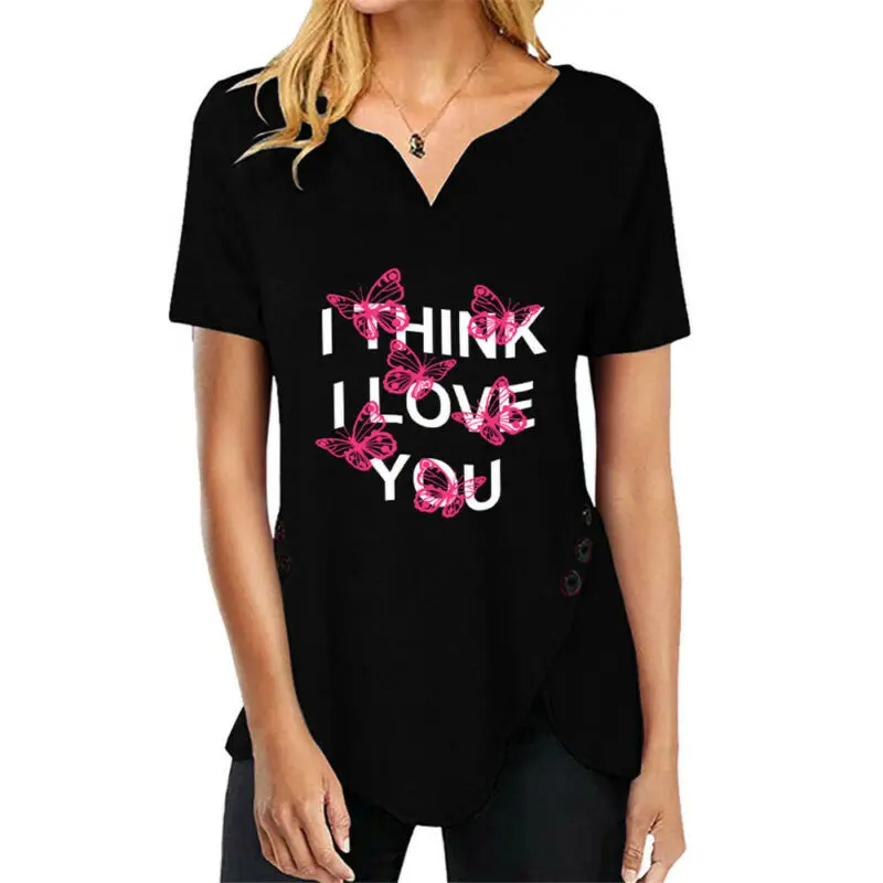 

Womens V Neck Short Sleeve Butterfly Floral Letter Printed Button Top Summer Casual Loose T-shirt Tee Irregularity Clothes Tees