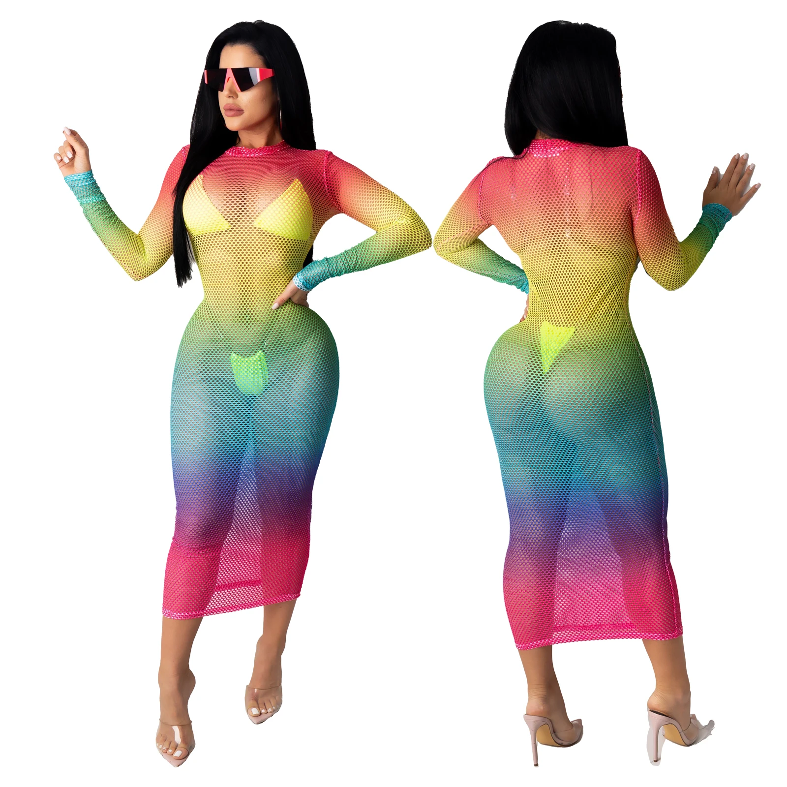 

Sexy Long Sleeve Fishnet Beach Skirt Perspective Hollow Women's Bikini Covering Backless Long Skirt Beachwear