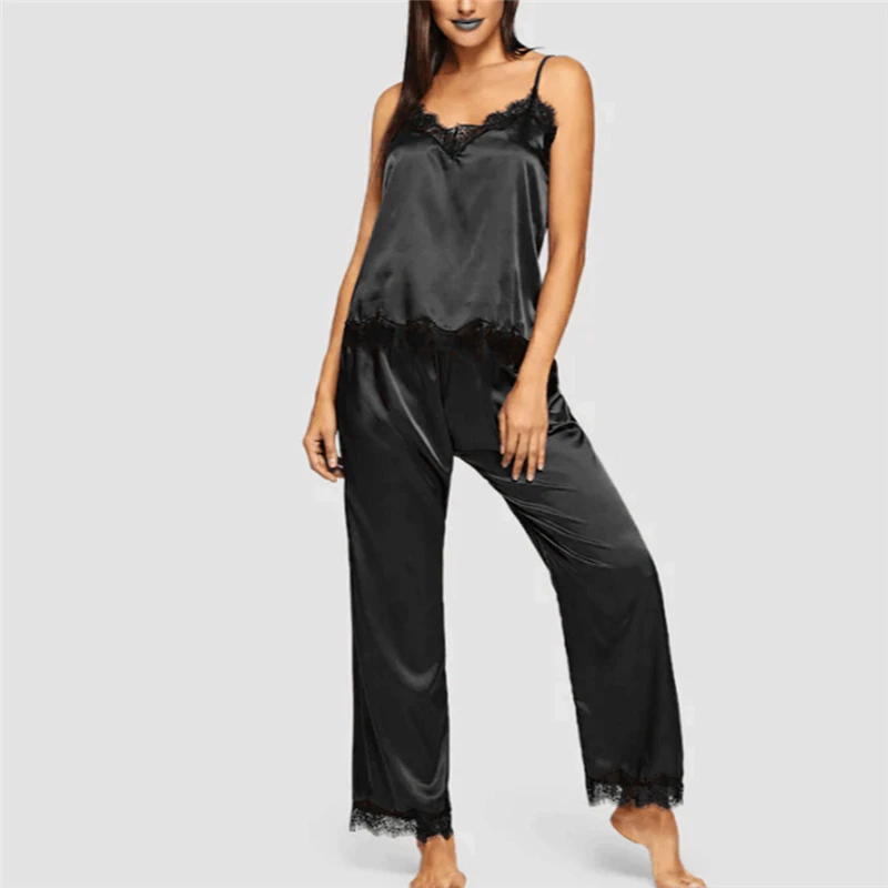 

2pcs Women Sexy Summer Lace Patchwork V-Neck Sleepwear Sleeveless Babydoll Lingerie Nightdress Homewear Underwear SetsNew