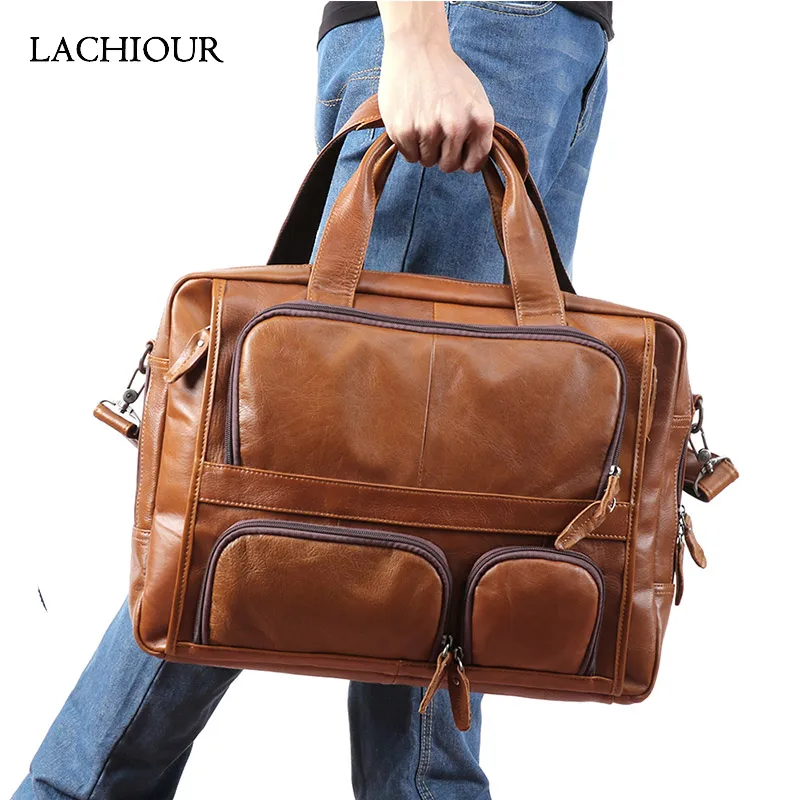 Men Functional Genuine Leather Handbag Male 17 inch Laptop Travel Bags Men's Real Leather Shoulder Bag Business Office Briefcase