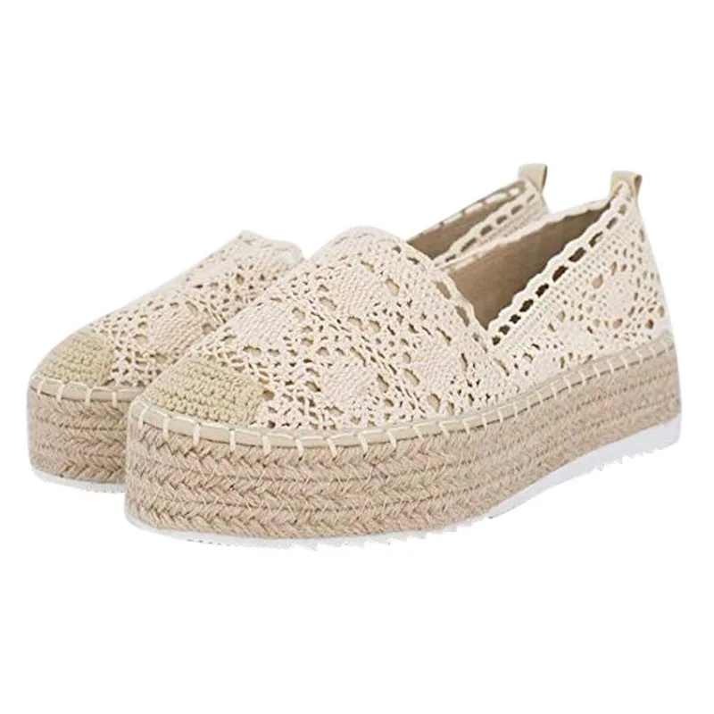 Spring/Autumn 2020 Women Shoes Flat Platform Shoes Woman Lace Straw Shoes Casual Solid Slip-On Zapatos De Mujer Plus Size 35-43