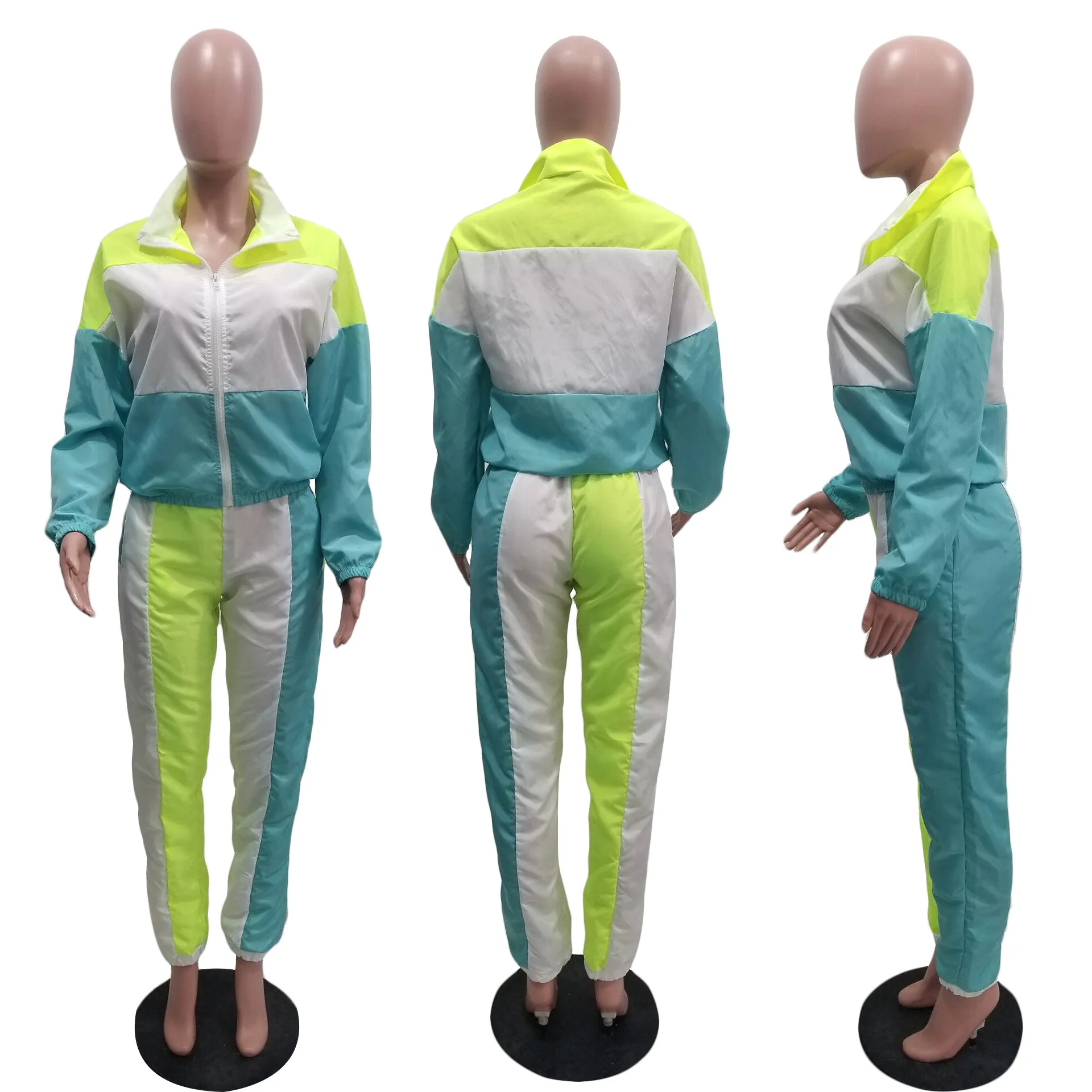 

Casual Two Piece Set Color Patchwork Women Suit Sportwear Turn Down Collar Long Sleeve Top + Long Pants Jogging Femme