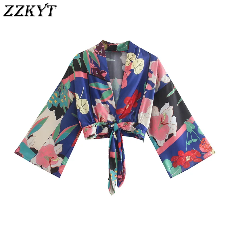 

ZZKYT 2021 Women Summer Fashion Floral Print Bow Tie Cropped Blouses Vintage V-Neck Long Sleeve Female Shirts Blusas Chic Tops