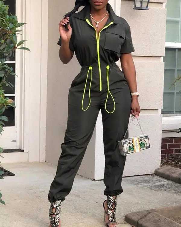 

Colorblock Drawstring Design Casual Jumpsuit