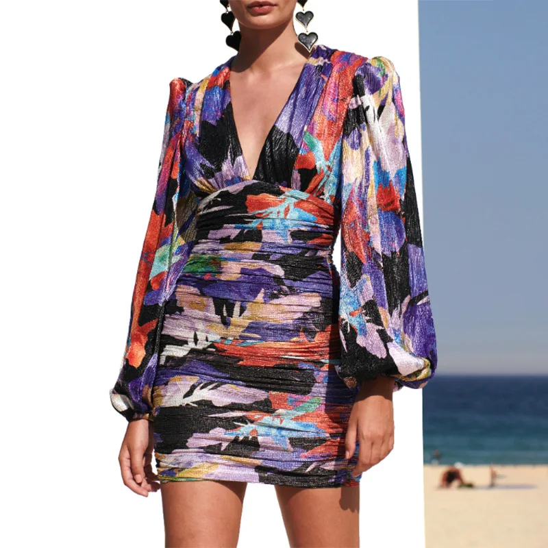 Женское облегающее платье с оборками Летнее мини-платье цветочным принтом