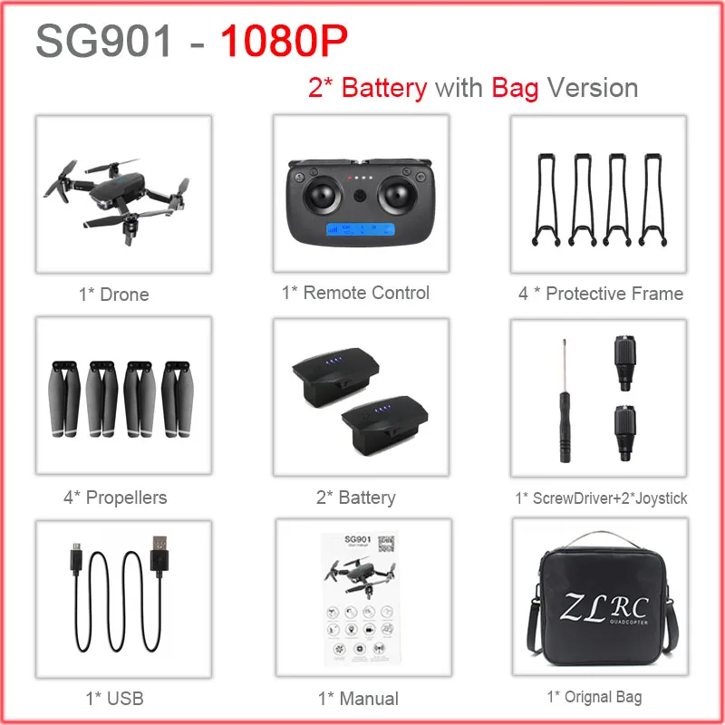 SG901 RC селфи Дрон 4k 1080P HD Двойная камера Складная следуя за мной FPV Профессиональный Дрон долгое время Летающий вертолет детские игрушки - Цвет: 2Battery1080PBag