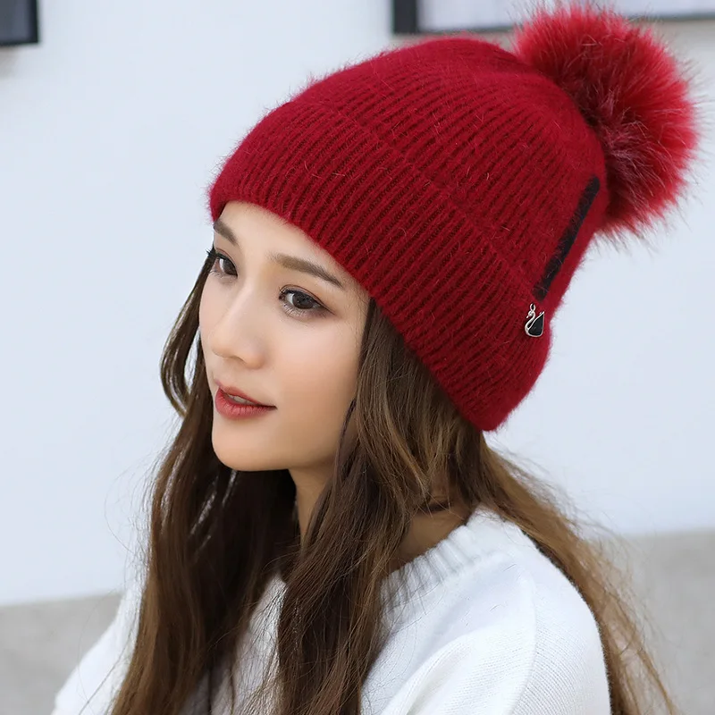 Зимние утолщенные вязаные шапочки для волос женская однотонная цветная нашивка