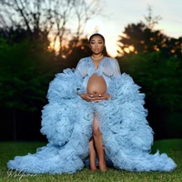 Bridal Fluffy Tulle Maternity Robes Custom Made Sky Blue Women Long Dresses Photo Shoot Beach Birthday Party Bathrobe Sleepwear