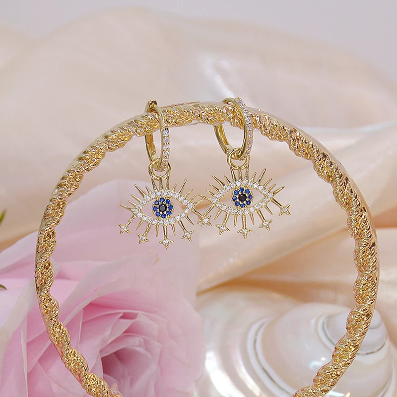

Ins Hot Sale 14k Real Gold Devil Eye Women Earring Iced Out Bling AAA Zirconia Charm Drop Earrings Wedding Jewelry Pendant