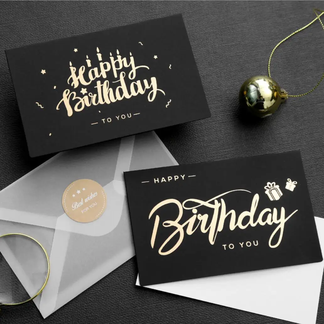 

1Pc Black Bronzing Happy Birthday Gift Wish Exquisite Greeting Card Envelope Business Activity Notecard Thank You Card H0567
