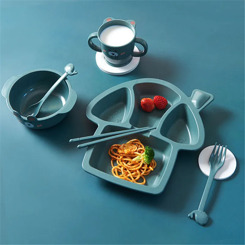 

6 Piece Set Baby Dinosaur Tableware Children's Dinner Plate Grid Home Creative Cartoon Environmentally Friendly Feeding Dishes