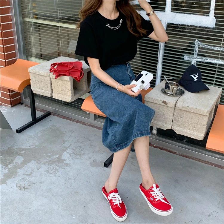 

YTX1326 Five-pointed star chain design sense pure color niche personality sweet and cool short-sleeved T-shirt women