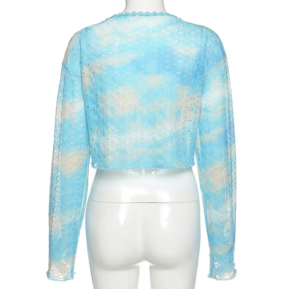 

Sweet Women Bandage Front Hollow Out Printed Knitted Short Cardigans Fashion V-neck with Lace Long Sleeve Crop Cardigan