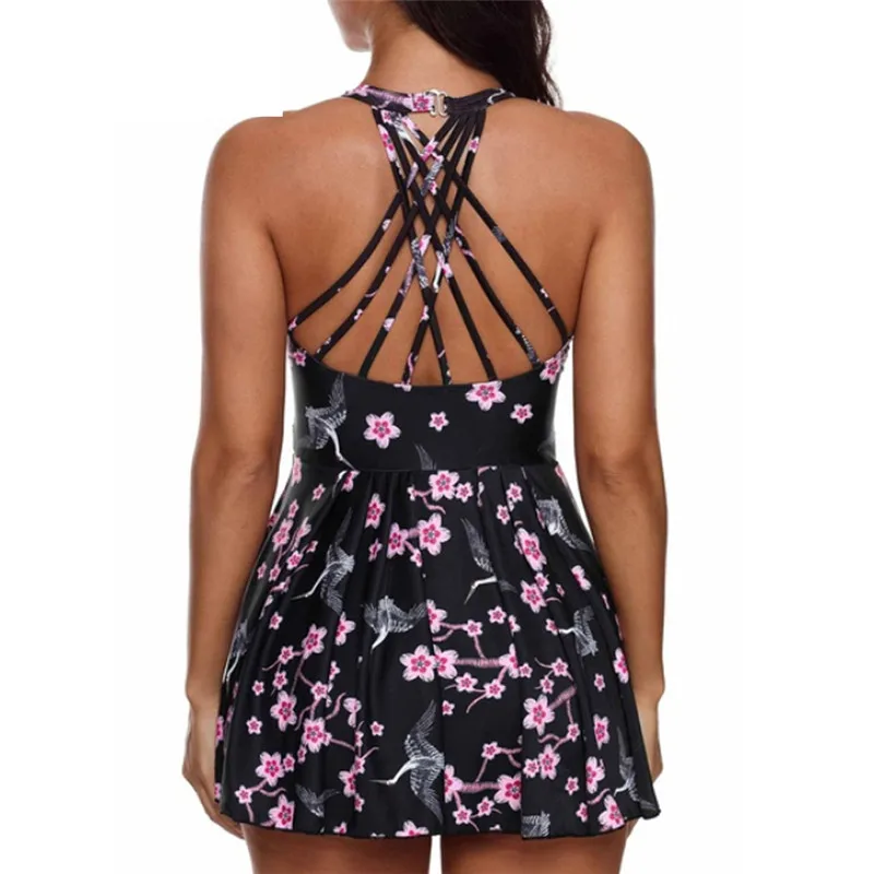 Новый купальник большого размера женский Цельный с принтом лямкой на шее