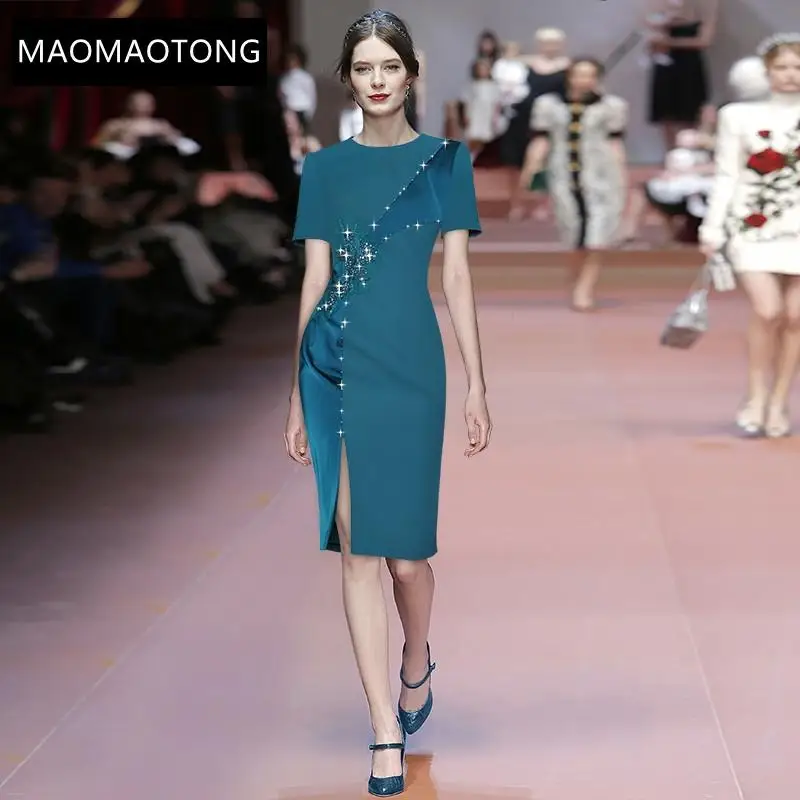 

Fashion Designer Summer Party Elegant Blue Dress Women's O-neck Splicing Short Sleeve Beading Slim Midi Dress Vestidos