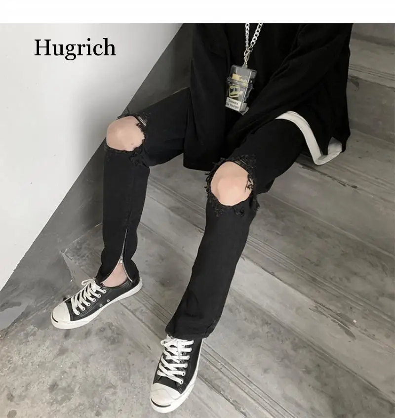

Korean streetwear men's hole black jeans 2021 casual man straight tight jeans pants fashion men jean pants