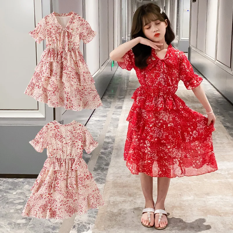 

Girls Dress 2021 Summer New Super-gas Mesh Red Princess Dress In The Big Child Chiffon Skirt 4-15 Years