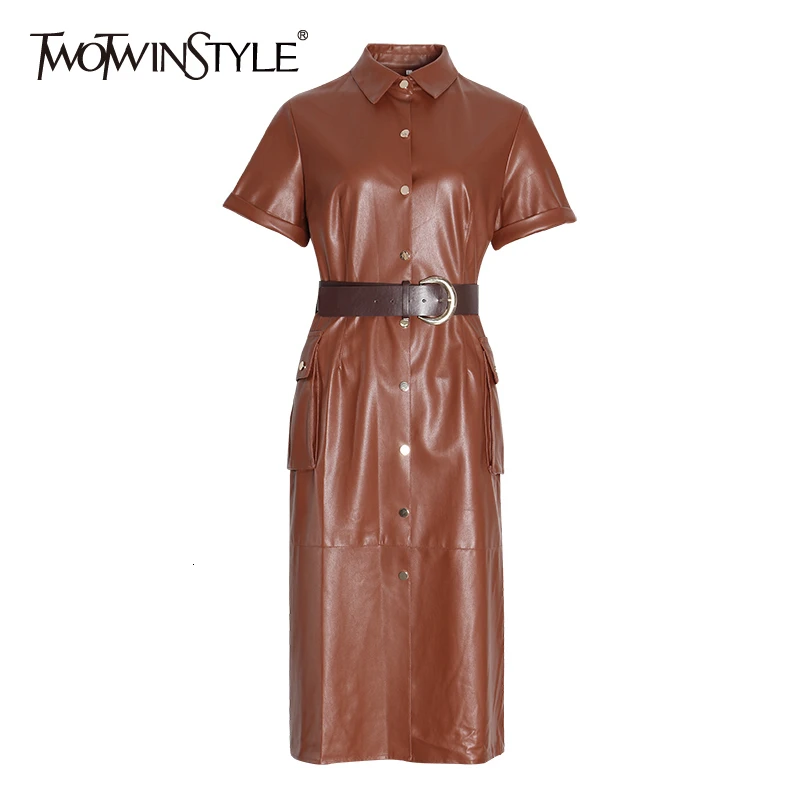 

TWOTWINSTYLE PU Leather Black Dress For Women Lapel Short Sleeve High Waist With Sashes Midi Dresses Female Fashion New Clothing