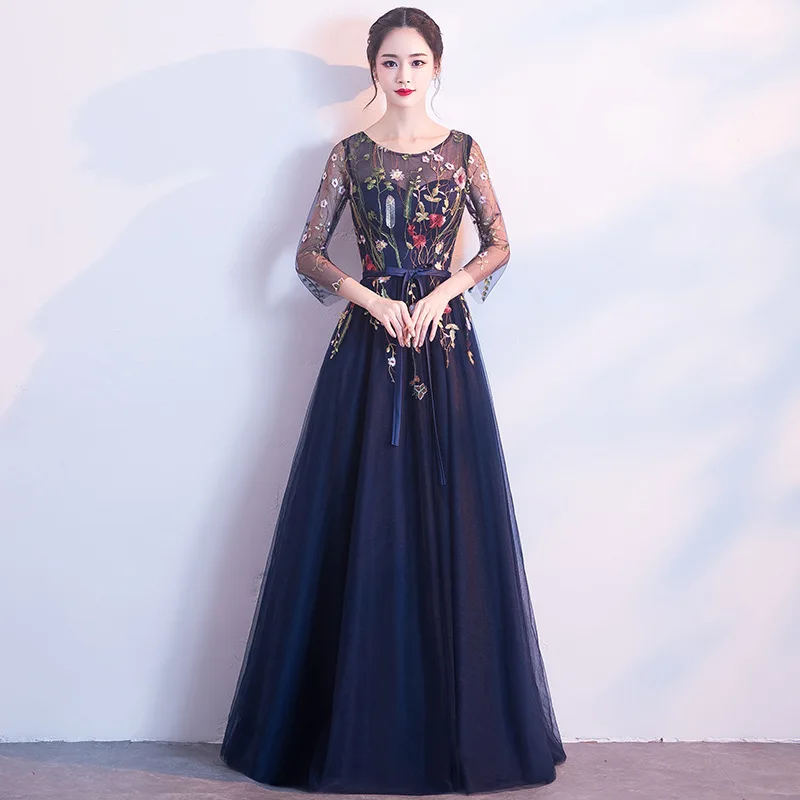 

Navy Blue Flower Qipao Women Elegant Evening Party Dress Sexy Long Cheongsam Novelty Chinese Dress Gown Vestidos De Festa