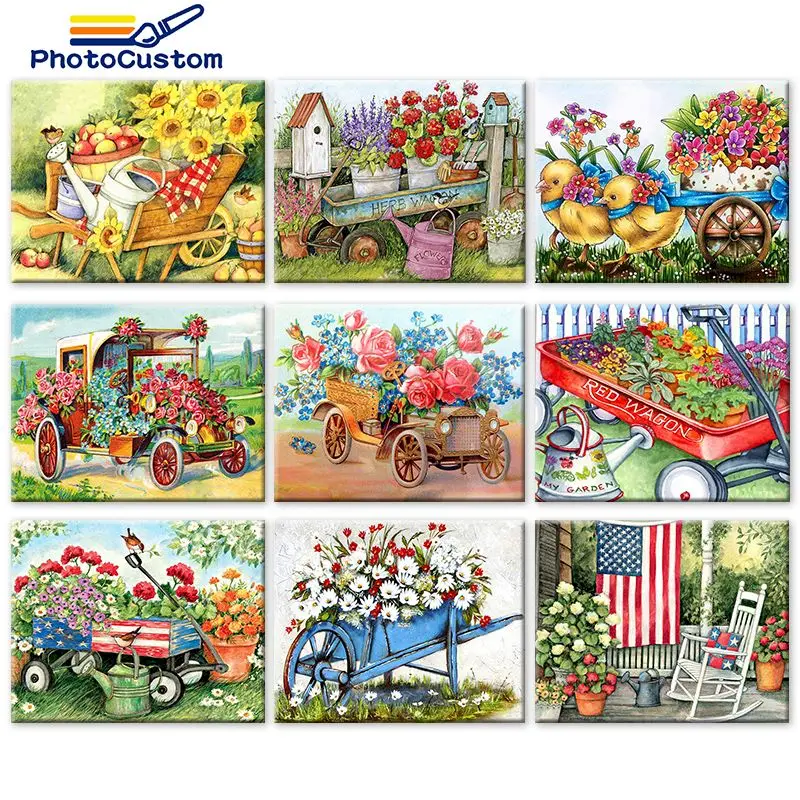 

PhotoCustom DIY Painting By Numbers 40x50cm Flowers and Car Paints Oil Picture By Number Drawing Gift Home Decor