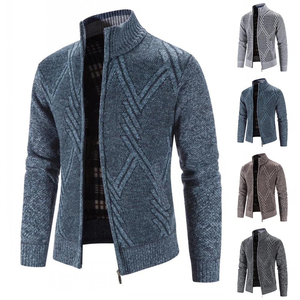 

Jackets Slim Fit Coat Winter Warmer Knitted Jacket Stand Up Collar Coats Men's Long Sleeve Oversize Geometric Sweater