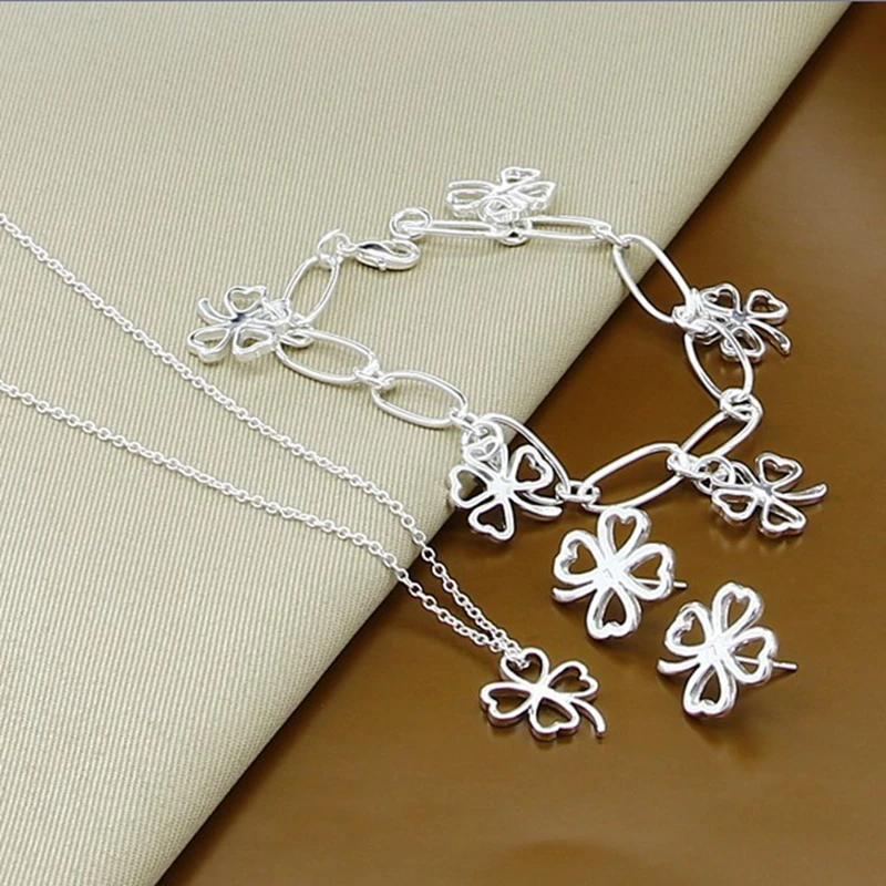  - New Style 925 Sterling Silver Four-Leaf Clover Necklace Necklace Bracelet Earring Set For Women’S Wedding Engagement Fashion Jew