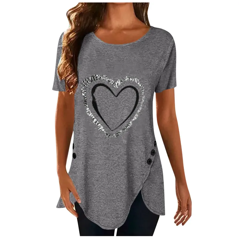 

Fashion Short Sleeve Love Printed T-Shirt Women Casual Pockets Irregular Top Summer O-Neck Slim Tshirt Plus Size Lady Streetwear
