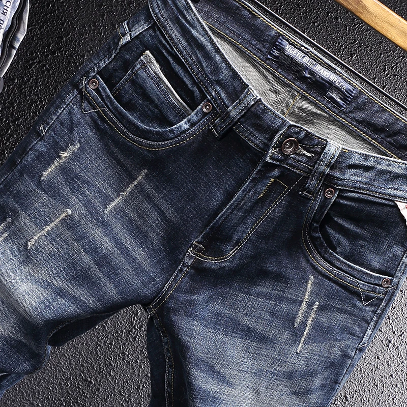 European Vintage Fashion Men Jeans Retro Black Blue Slim Fit Ripped Jeans Men Scratch Designer Frayed Hole Casual Denim Pants