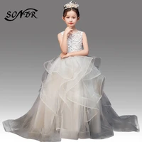 flower girl dress champagne ht068 o neck sleeveless lace pageant dresses for girls tiered runched vestido primera comunion
