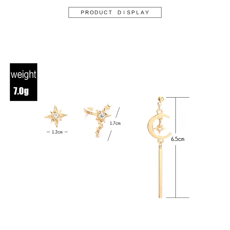 

3Pcs Women Girl Fashion Star and Moon Stud Earrings Set Jewellery Stud Earrings Mixed Shape Stud Earrings Jewellery Party