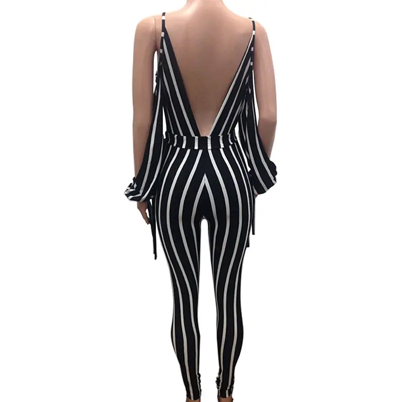 

Striped Long Rompers Jumpsuits Backless Women Sexy Deep V Neck Split Long Sleeve Cold Shoulder Bodycon Long Pants Overalls