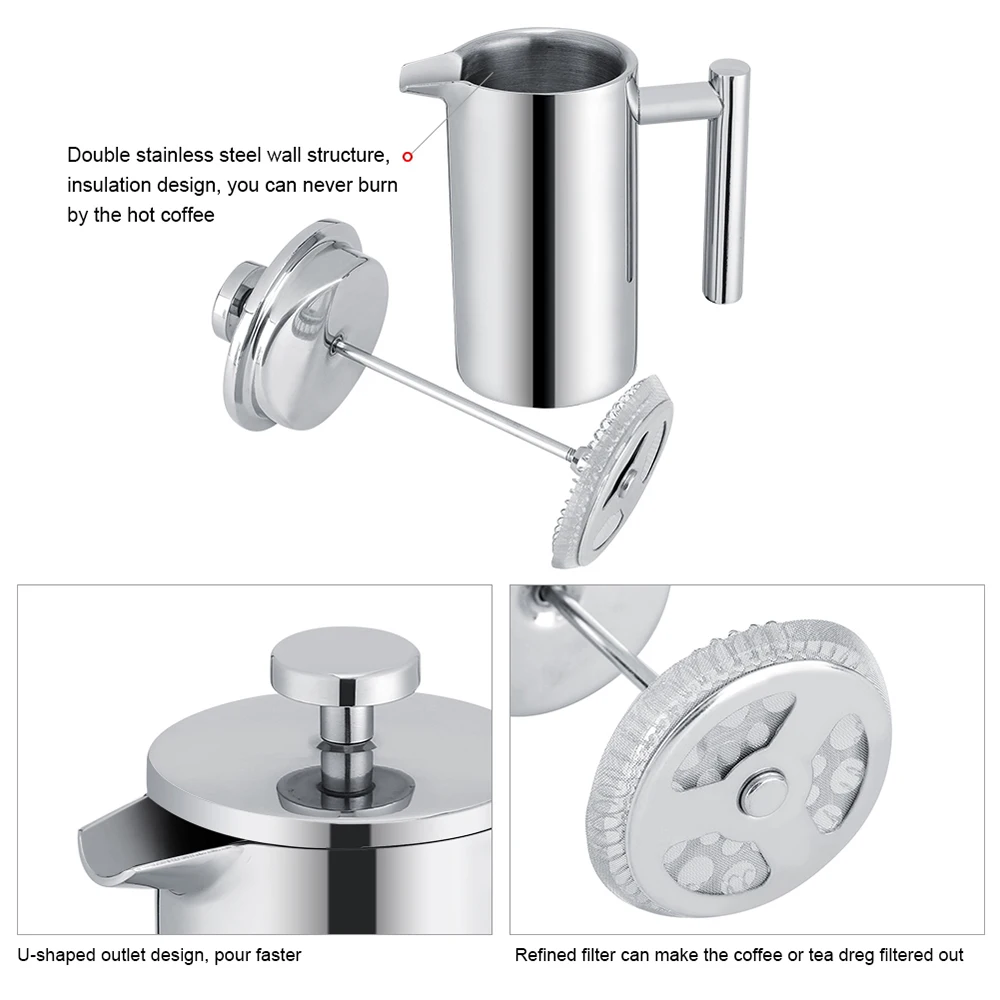 

350/1000ml Double Layers 304 Stainless Steel French Pressure Pot American Style Coffee Maker Insulated Coffee Tea Maker Pot