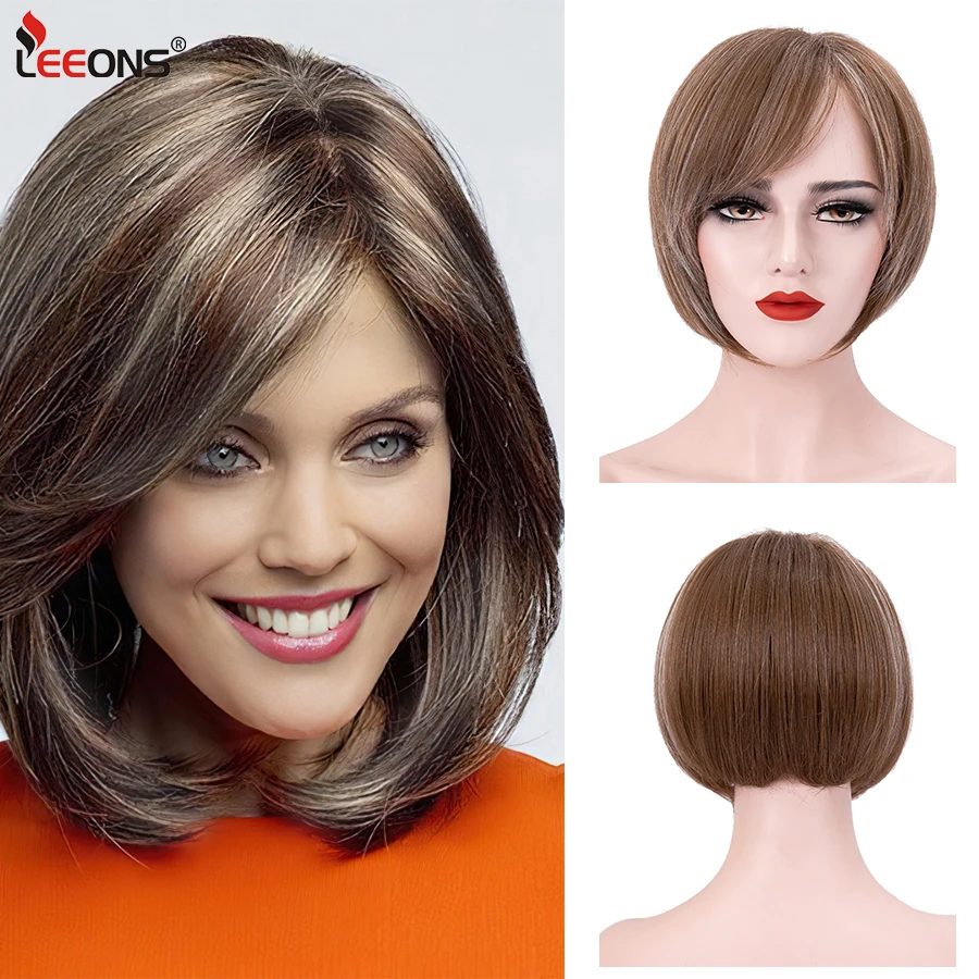 

Leeons Synthetic Wigs Short Straight Layered Hair Wig With Bangs Hairstyle Brown Blonde Gray Ash Wigs Middle Part Hairline Women