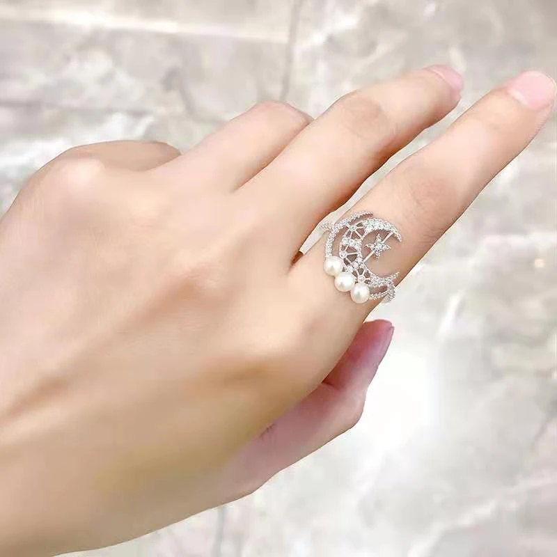 

Fashion New Jewelry White Moon Pearl Star White Gold Ring Give Ladies Luxury Romantic High Jewelry Anniversary Birthday Gift