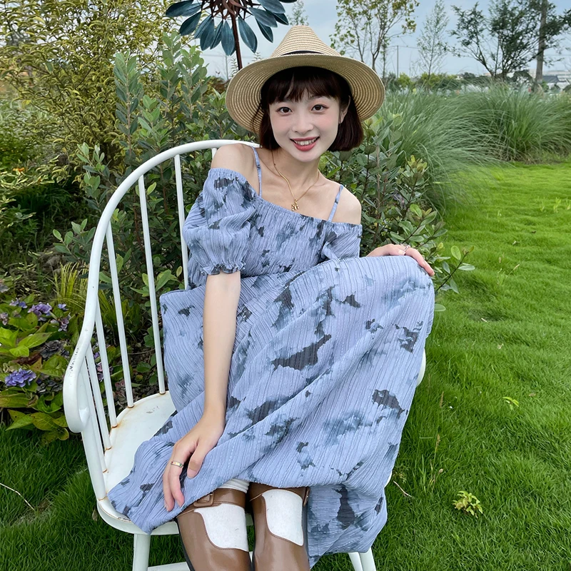 

2021 New Summer Dress Women Vintage One-Shoulder Puff Sleeve Dresses Sexy Mid-Length Style Party Dress M374