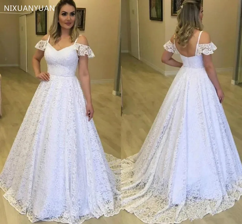 Великолепные кружевные свадебные платья спагетти с открытой спиной и шлейфом в