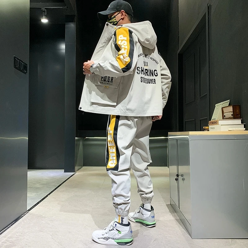 

Уличная одежда, мужской костюм с капюшоном, весна-осень, мужская куртка и брюки-шаровары, свободный спортивный костюм в стиле хип-хоп, мужски...
