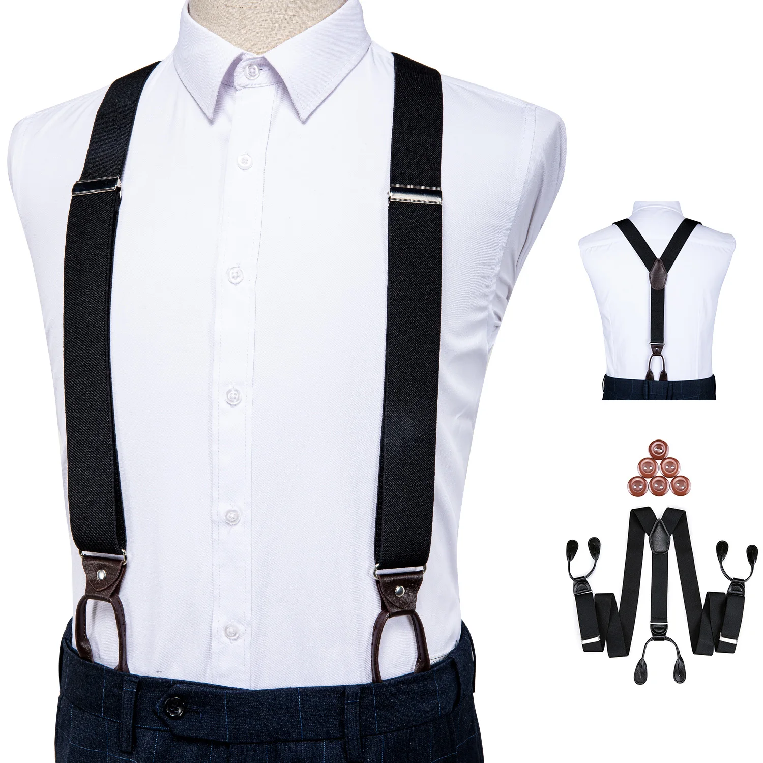 

Suspenders For Men Leather Trimmed Button End Elastic Tuxedo Y Back Adjustable Mens Fashion Suspenders Pant Braces Black DiBanGu