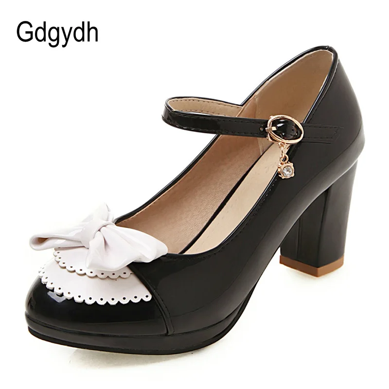

Gdgydh Gothic Lolita Shoes Big Size 50 Pink White Women Pumps High Heels Butterfly-knot Mary Janes Shoes For Party Square Heel