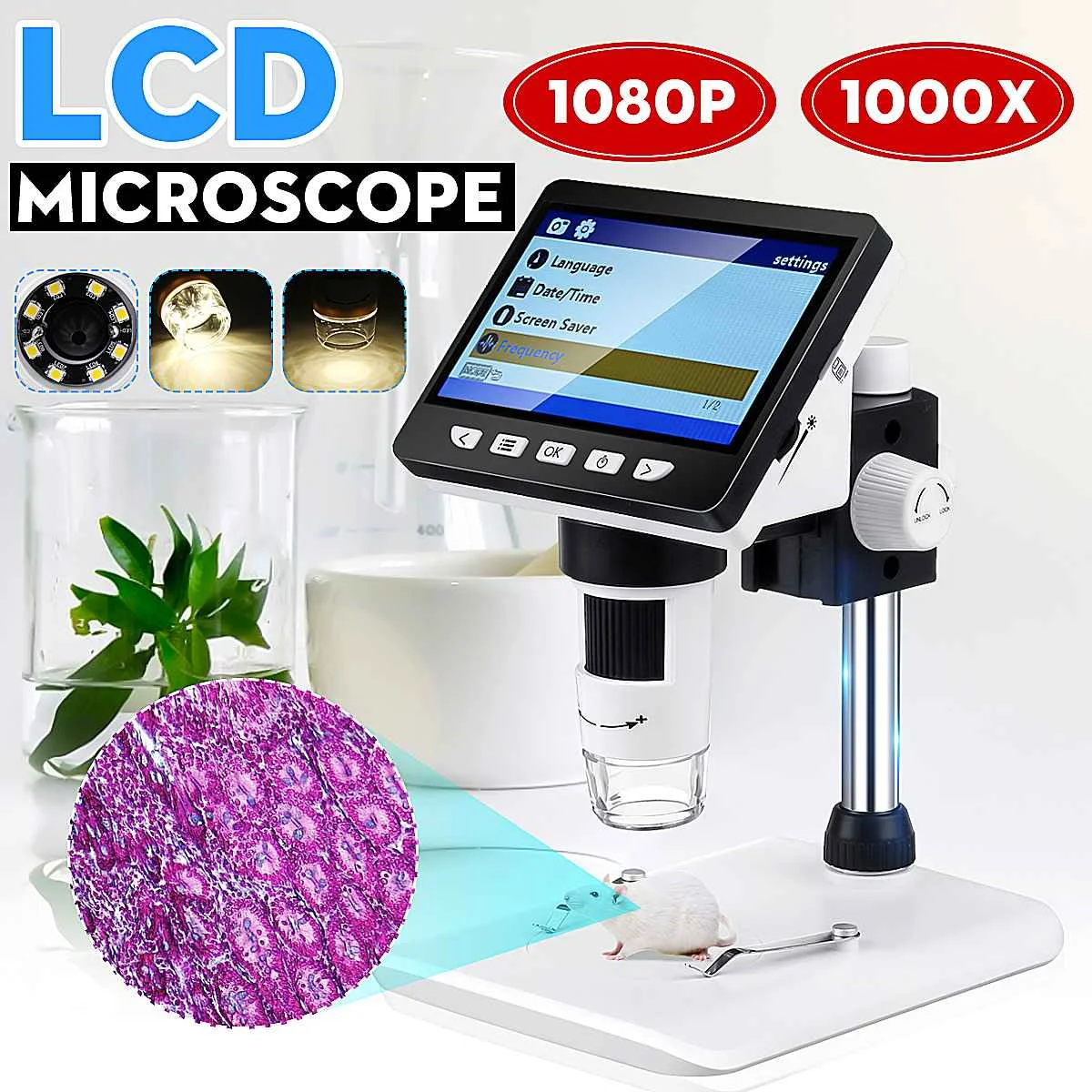 

Цифровой электронный микроскоп, 1000x2,0 MP USB 1080P 4,3 "ЖК-дисплей VGA Цифровой светодиодный микроскоп подставка для ремонта материнской платы печат...